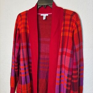 Isaac Mizrahi Plaid Open Cardigan Sweater Women 1X Red Purple Knit Pocket Bright
